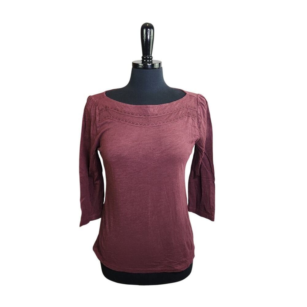 Ann Taylor LOFT Top Mauve Purple Merlot Lace Trim 3/4 Length Sleeve M